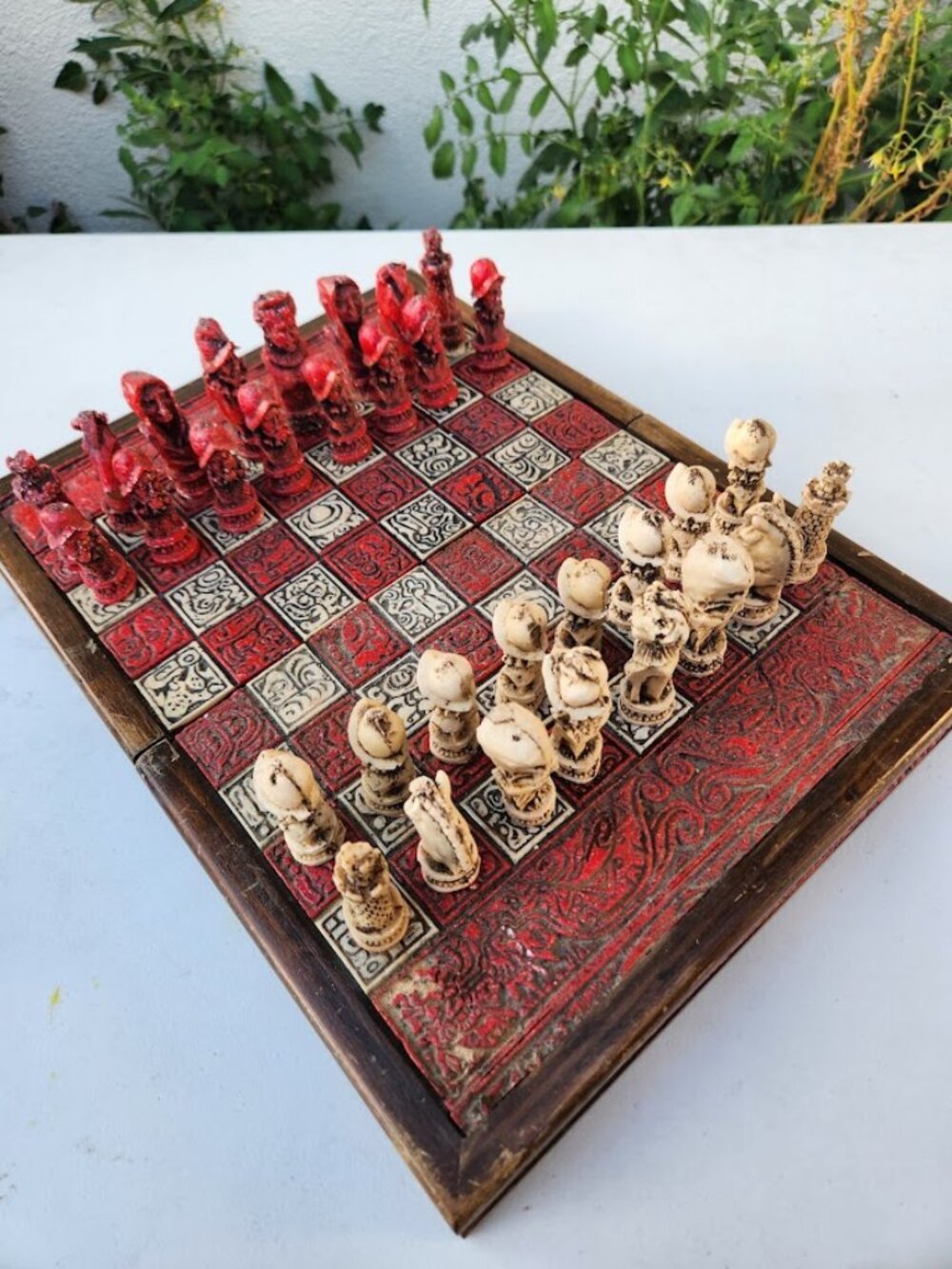 Vintage Mexican Aztec Mayan vs. Conquistador themed chess set Carved Stone Wood